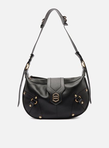 Arezzo — Bolsa Shoulder Preta Couro Grande Tiras Metais