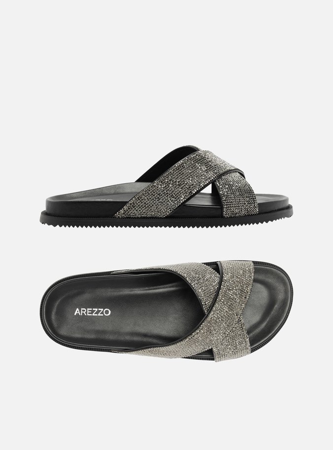 Slide Prata Tiras Largas Strass