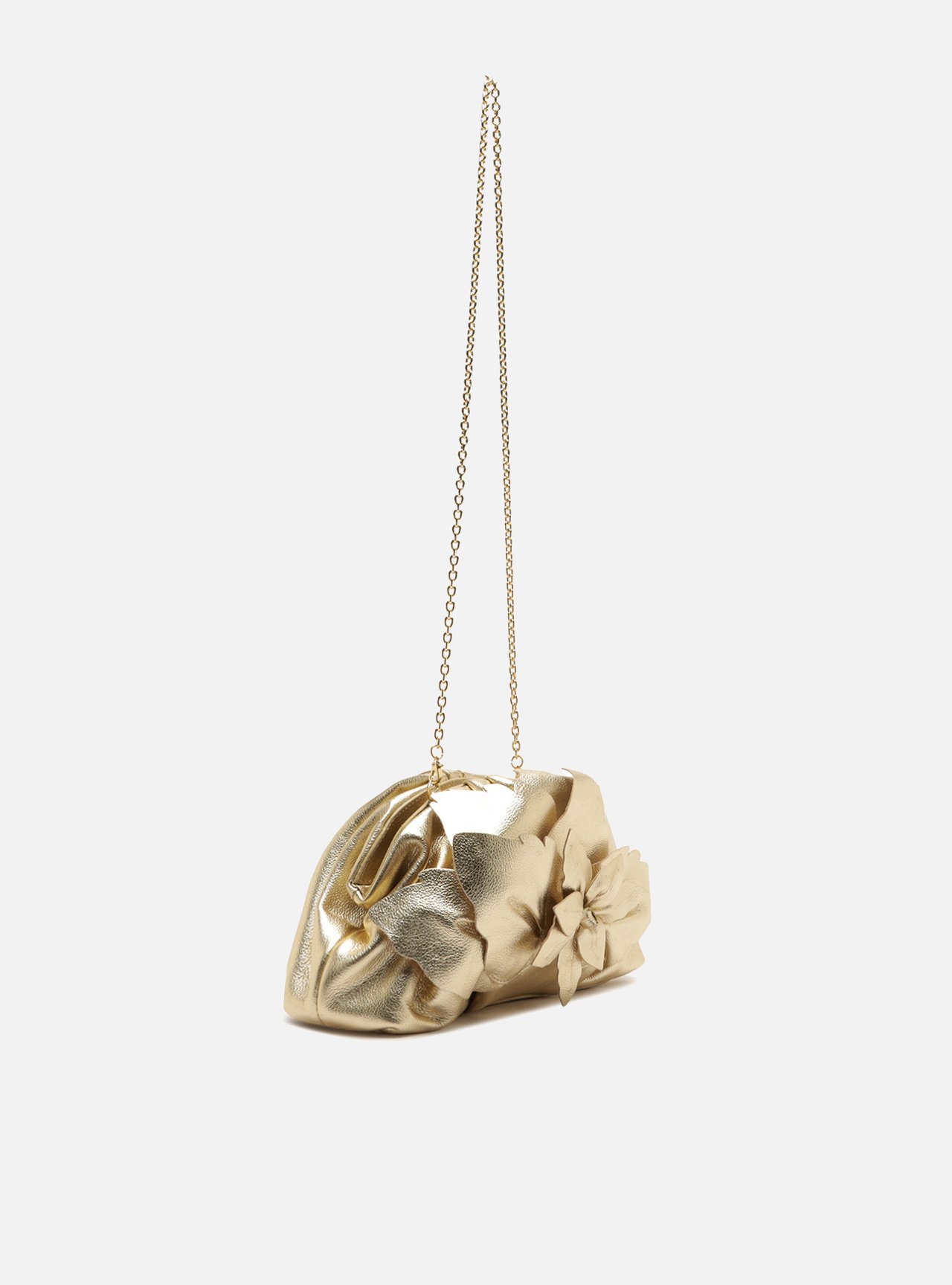 Bolsa Clutch Dourada Couro Pequena Flor Corrente — foto 5
