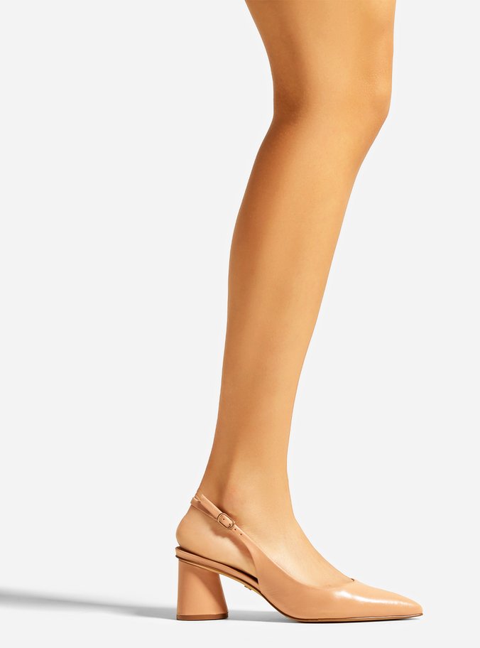 Scarpin Bege Couro Salto Geométrico Slingback