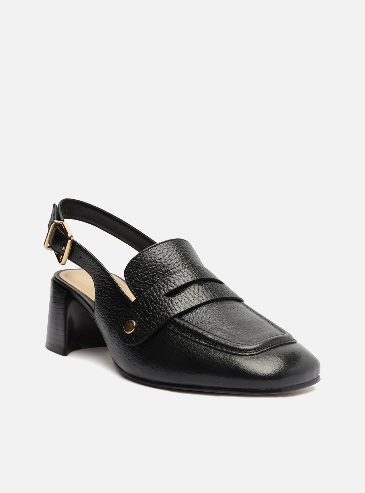 Loafer Preto Couro Salto Bloco Bridão Switch com Troca de Bridão