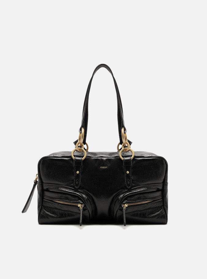 Bolsa Bowling Preta Couro Verniz Média Bolsos