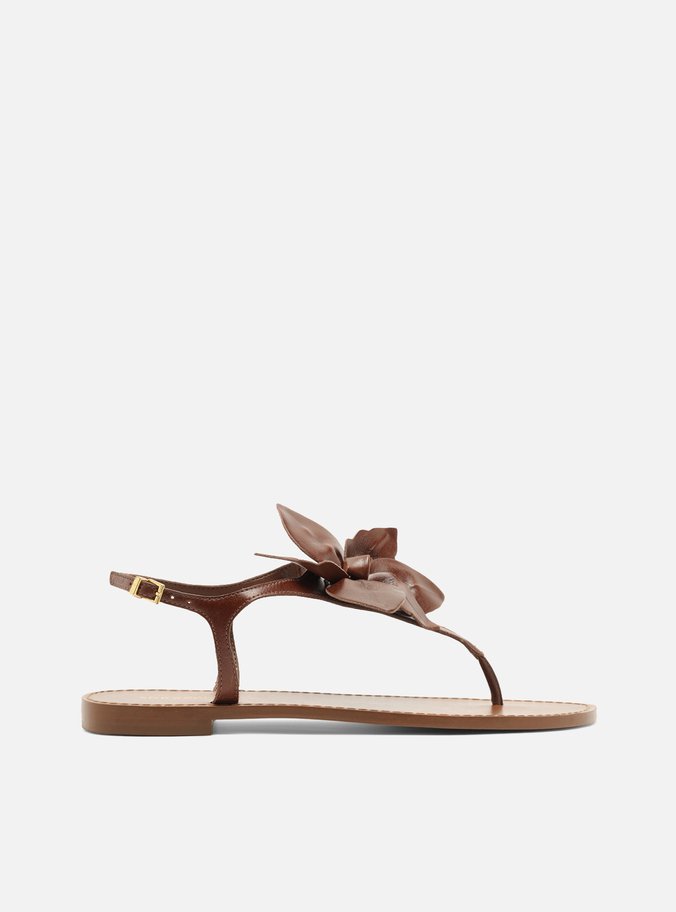 Sandália Rasteira Marrom Couro Flor