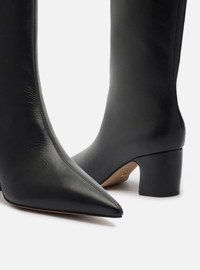 Bota Preta Couro Cano Longo Bico Fino Zíper