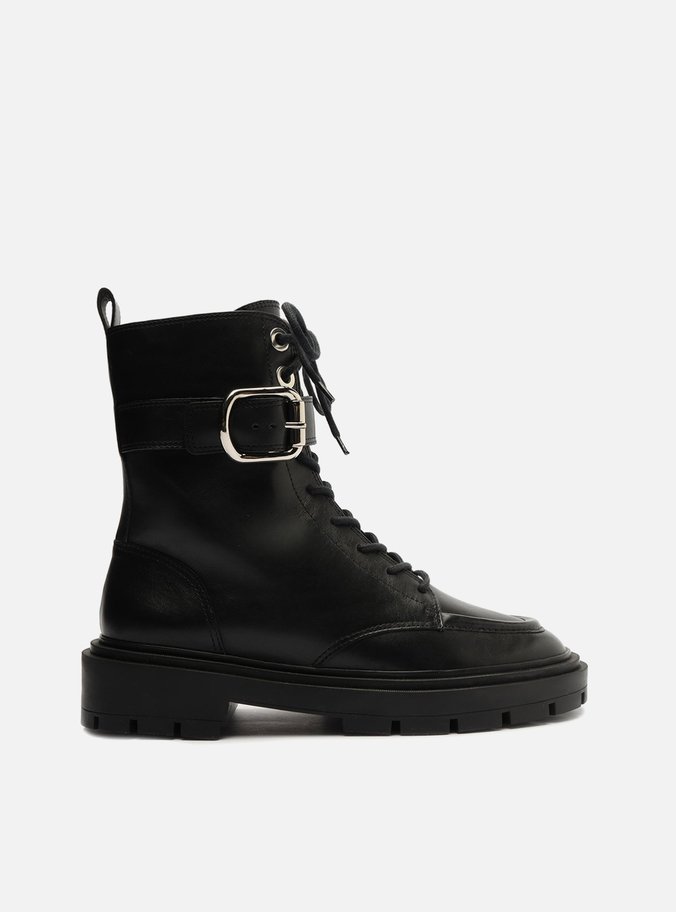 Coturno Preto Couro Cano Curto Fivela