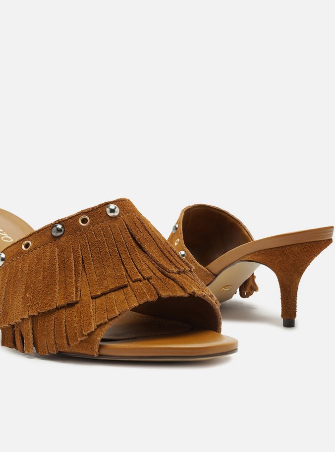 Mule Marrom Clara Camurça Salto Fino Franjas