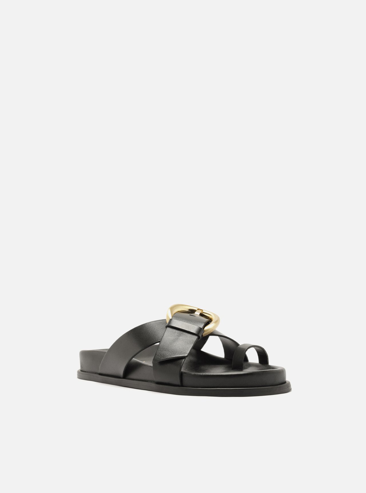 Sandália Papete Preta Couro Flatform Fivela Dourada — foto 2
