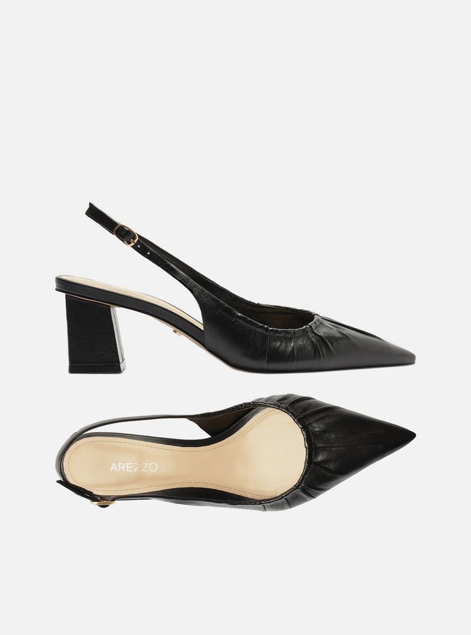 Scarpin Preto Couro Salto Médio Slingback