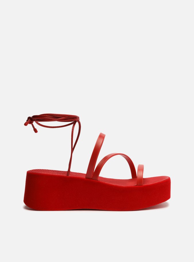 Sandália Vermelha Flatform Amarração Veludo Brizza