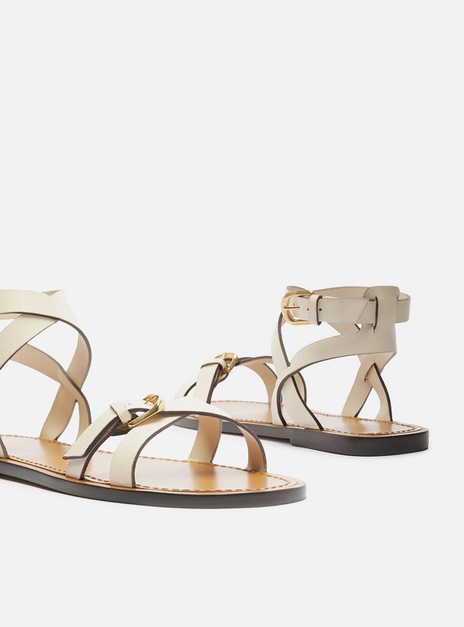Sandália Rasteira Off-White Couro Tiras Fivelas