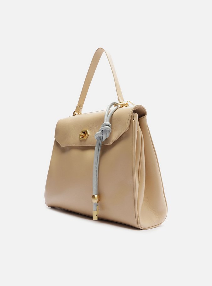 Bolsa Satchel Bege Couro Grande Bag Charm Nó