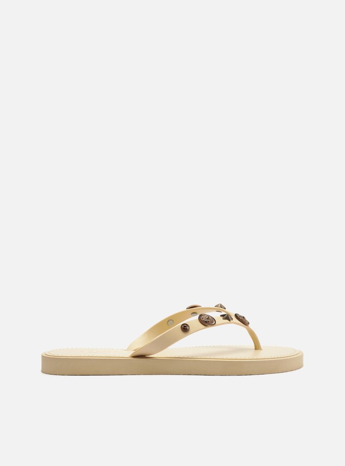Chinelo de Dedo Bege Aplicações