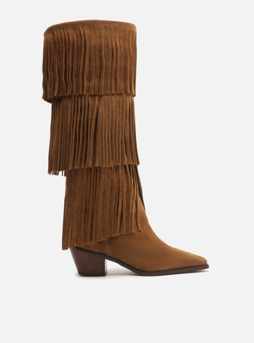 Bota Marrom Suede Cano Médio Bloco Franjas