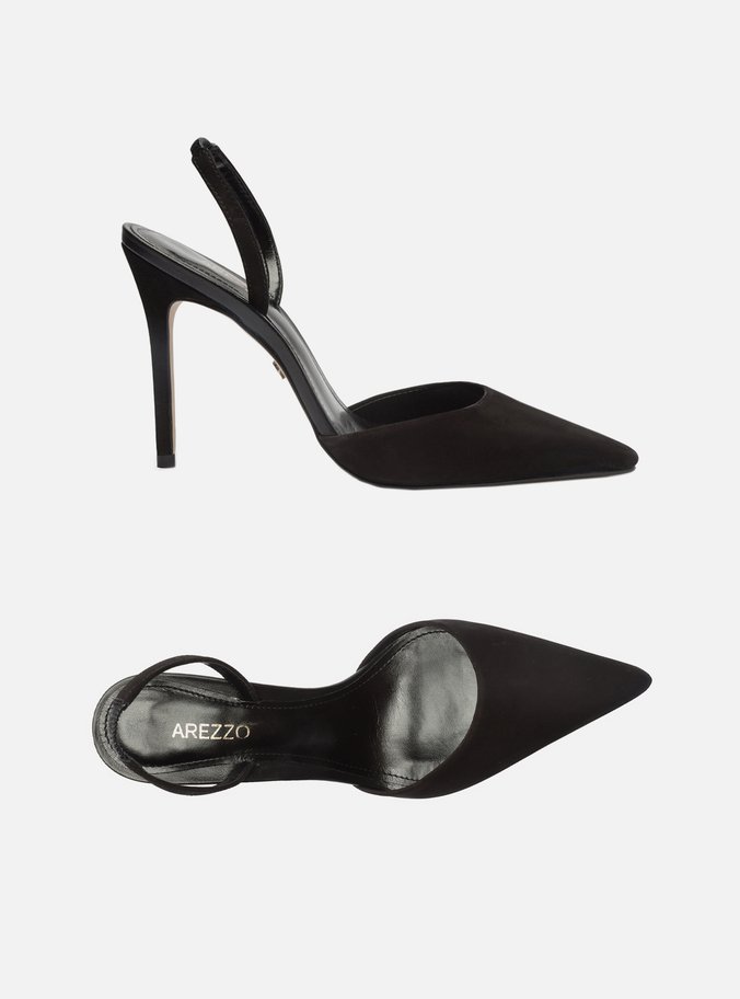 Scarpin Preto Nobuck Salto Alto Bico Fino Aberto