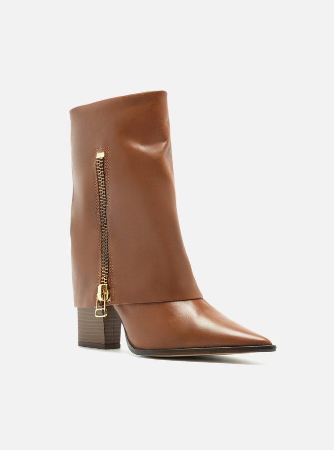 Bota Caramelo Couro Cano Médio Capa Zíper