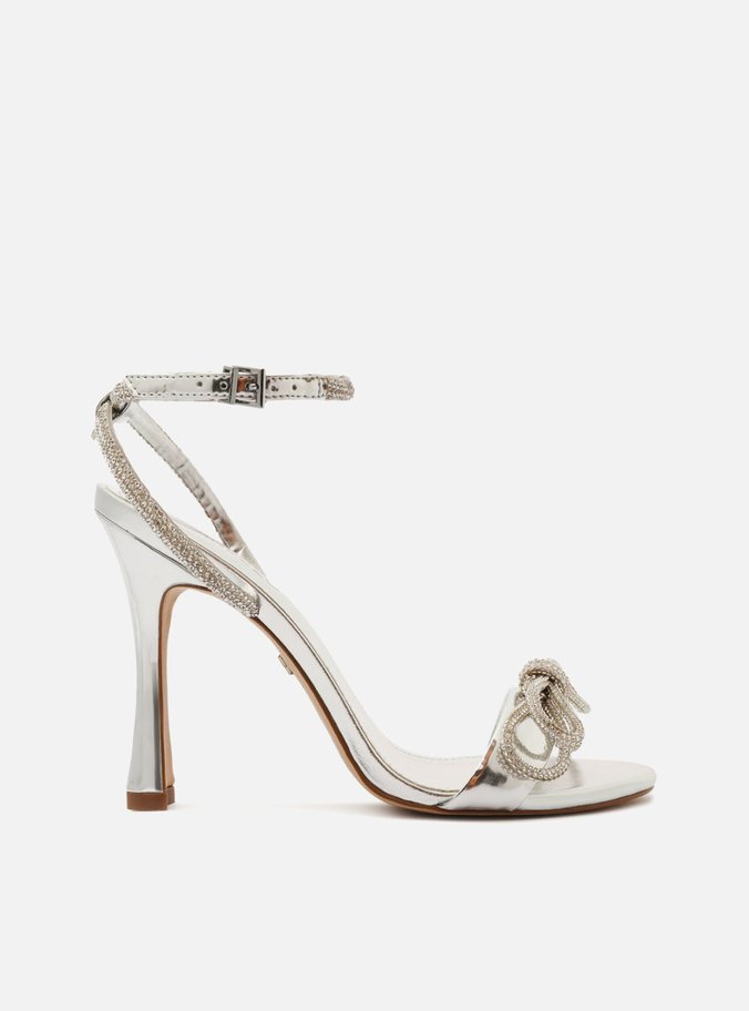 Sandália Prateada Salto Fino Tiras Strass Arezzo
