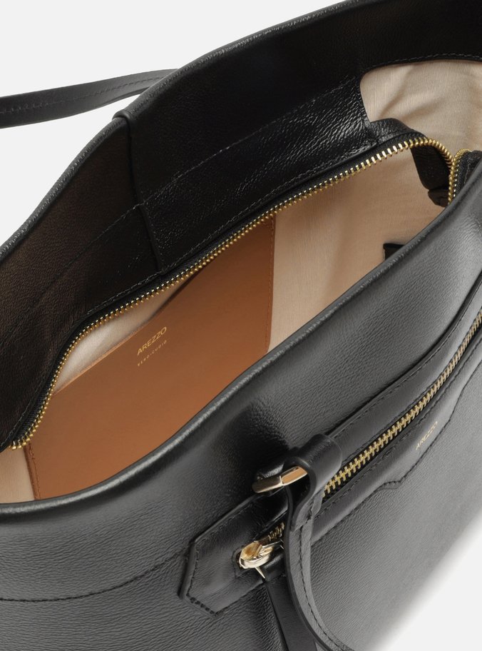 Bolsa Tote Preta Couro Média Bolso Frontal