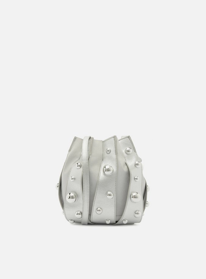 Bolsa Bucket Prateada Couro Pequena Esferas