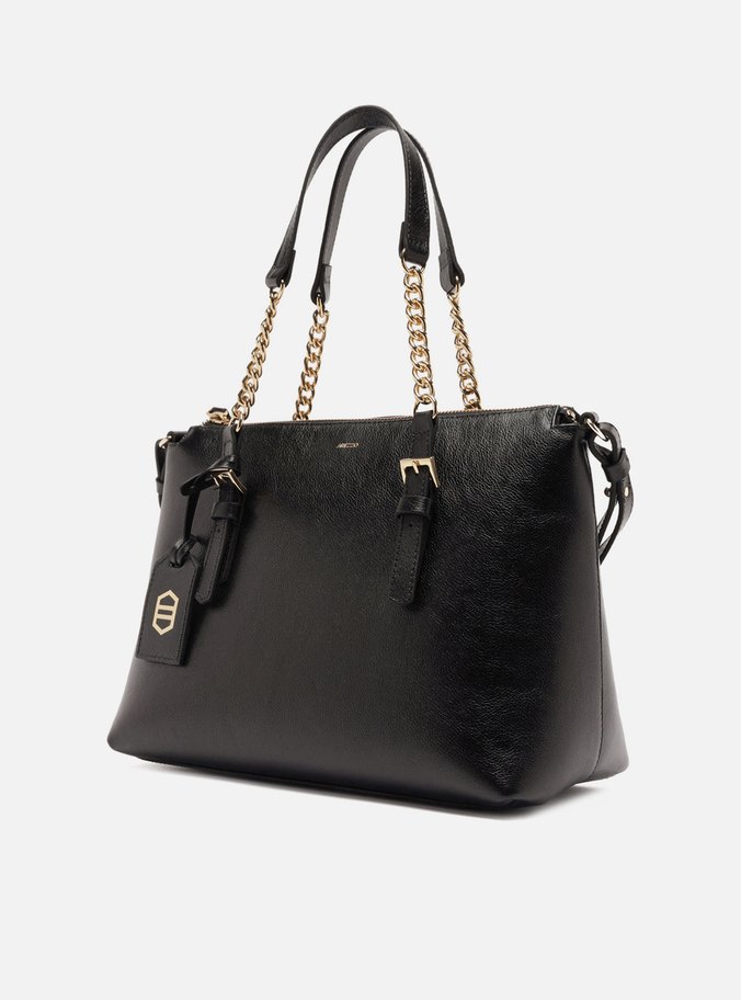 Bolsa Tote Preta Couro Grande Alça Corrente