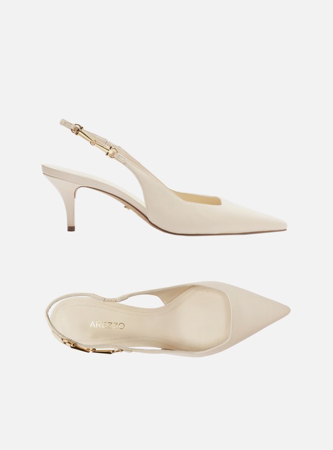 Scarpin Branco Couro Slingback Detalhe Metal