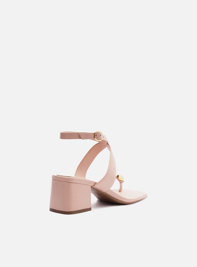 Sandália Rosa Couro Salto Bloco Metal Bold