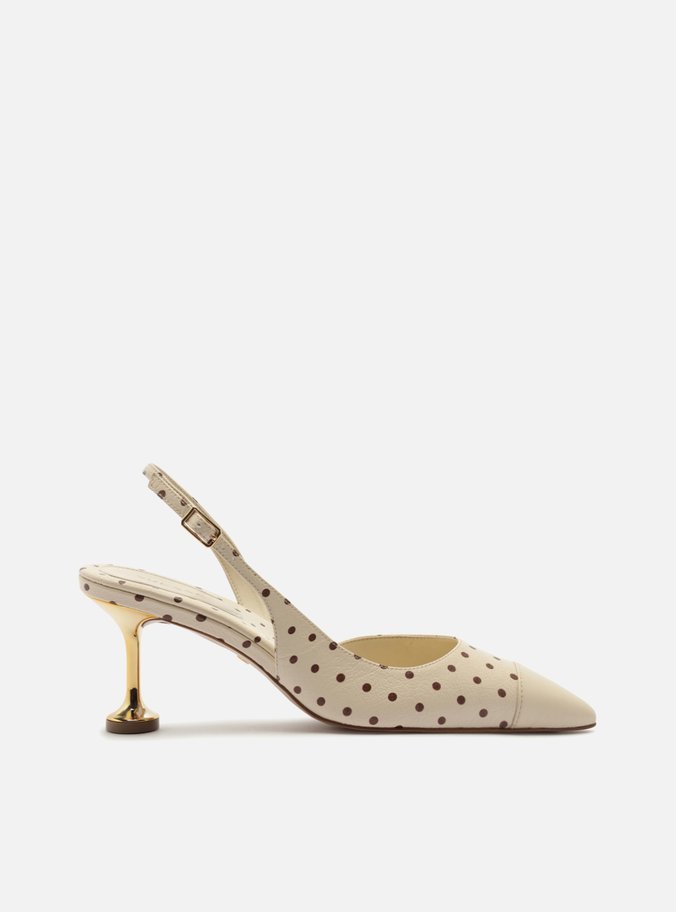 Scarpin Off White Poá Salto Médio Taça Slingback Marrom