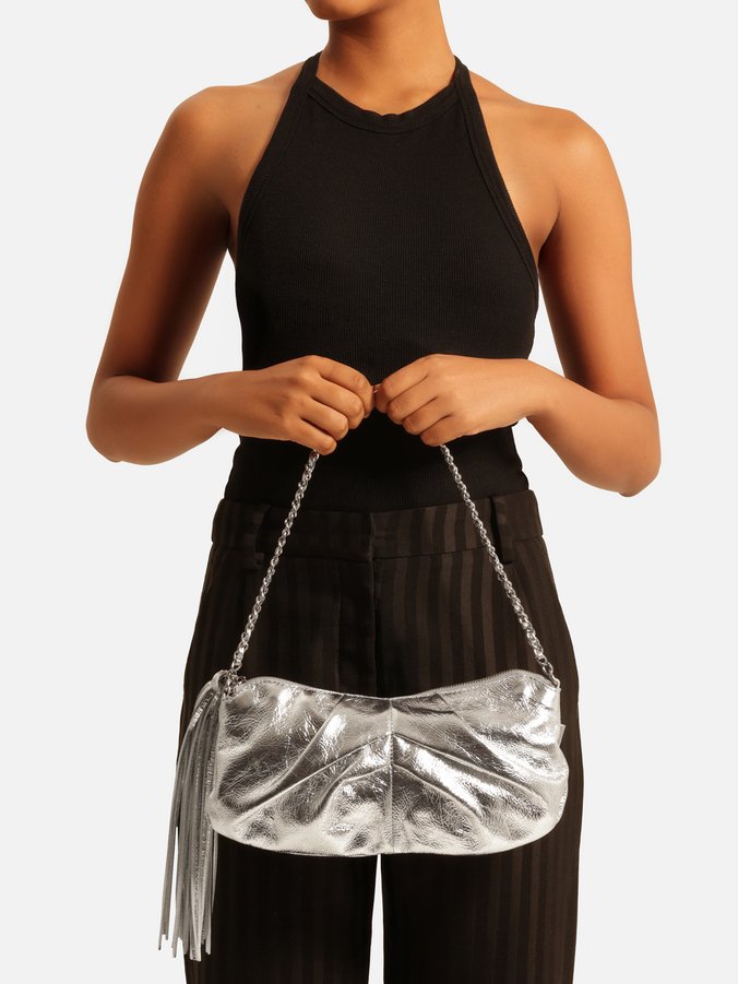 Bolsa Shoulder Prata Couro Grande Franzida