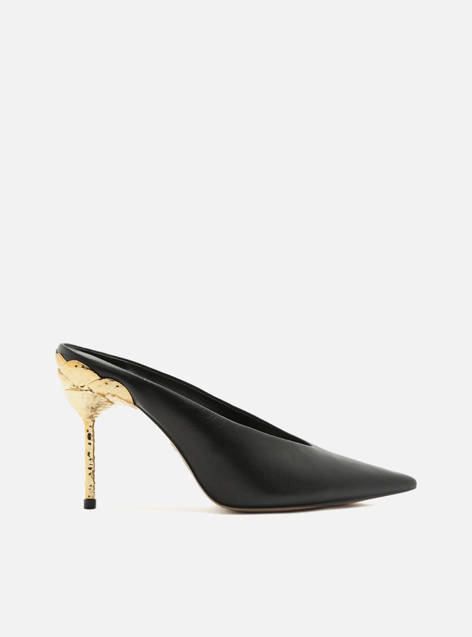 Mule Preta Couro Salto Fino Dourado Aberto