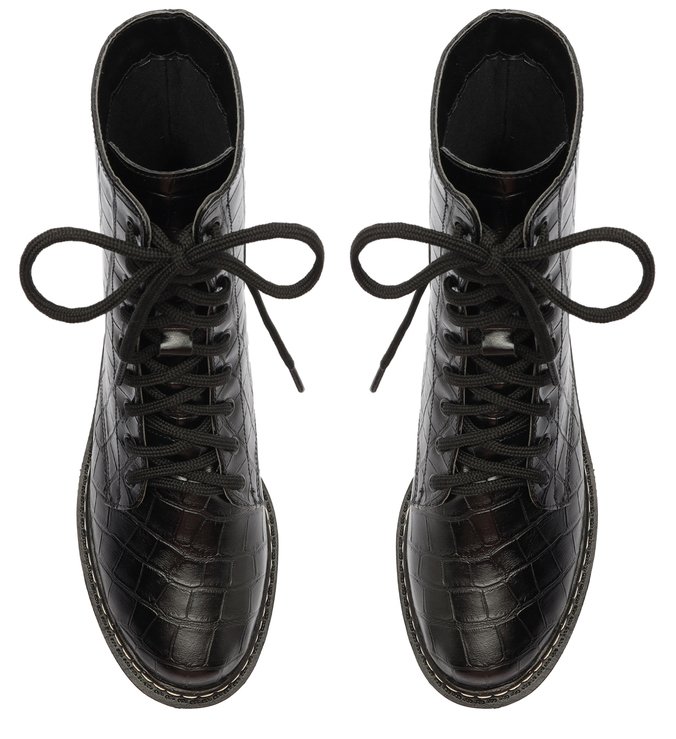 Coturno Preto Croco Salto Flatform Tratorado