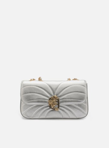 Bolsa Tiracolo Prata Couro Média Metal Flor