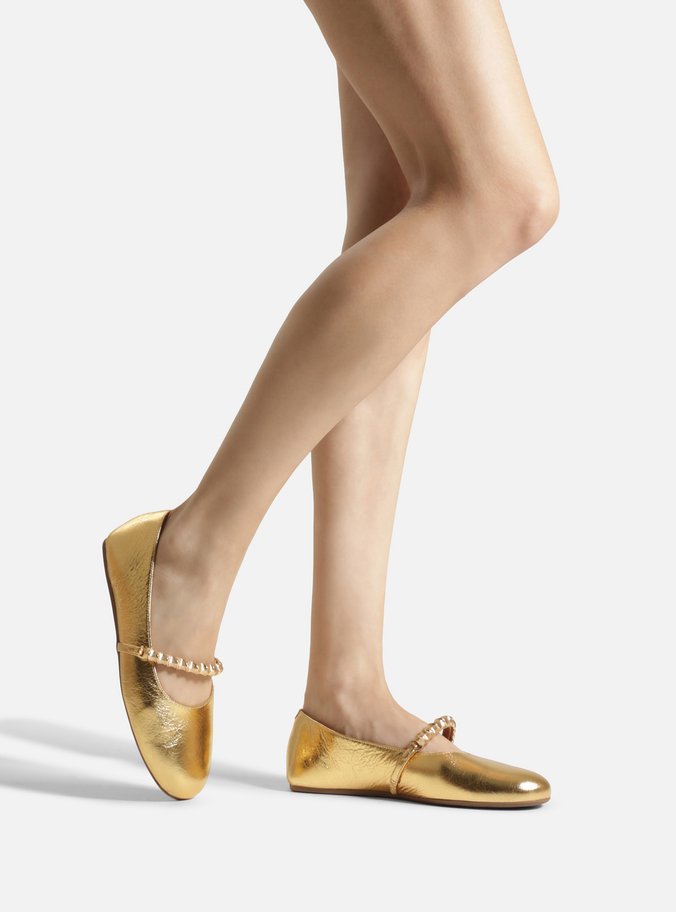 Sapatilha Dourada Couro Tira Metal