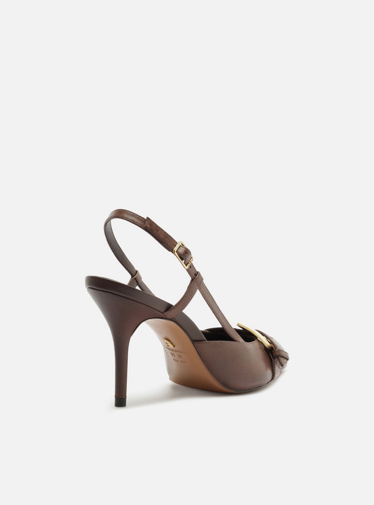 Scarpin Marrom Couro Salto Fino Fivela Slingback — foto 3
