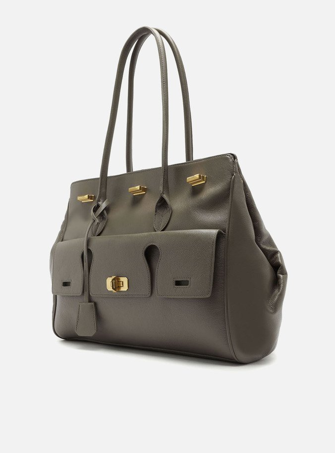 Bolsa Shopping Cinza Couro Grande Bolso Recortes