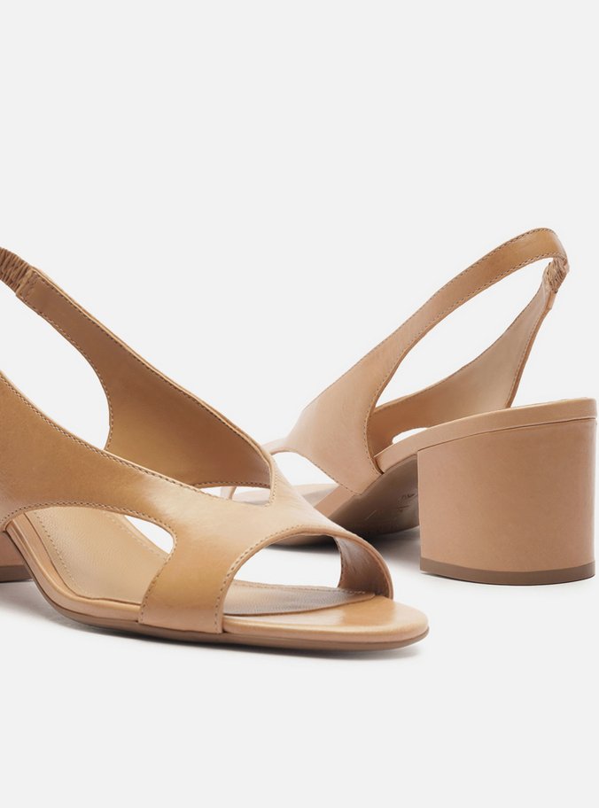 Sandália Nude Couro Bloco Tira Larga Slingback