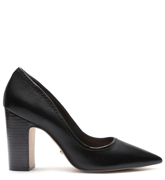 Scarpin Couro Salto Alto Bico Fino Pesponto Preto