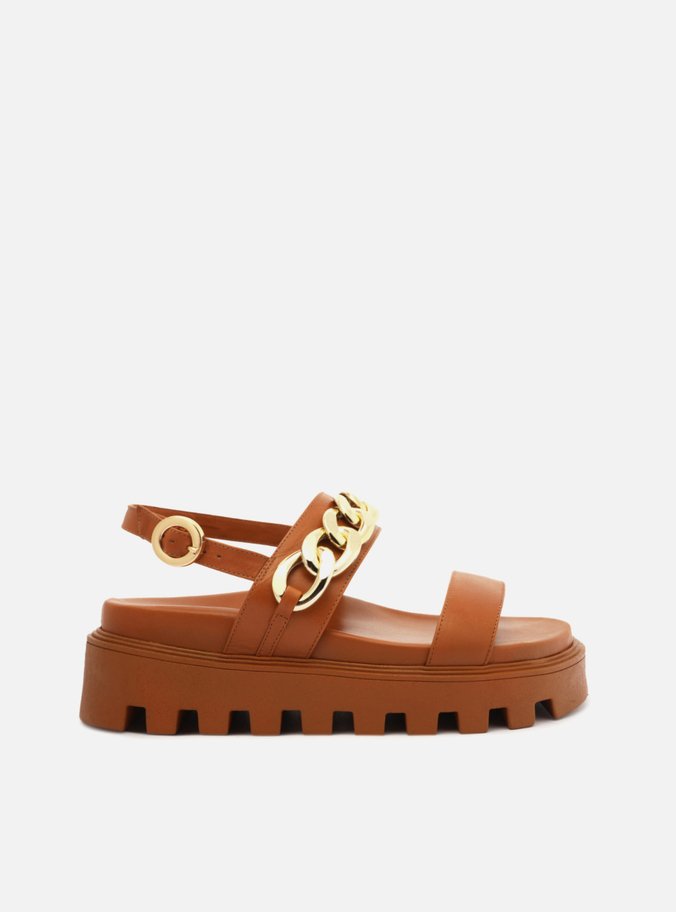 Sandália Marrom Couro Flatform Tratorada Corrente