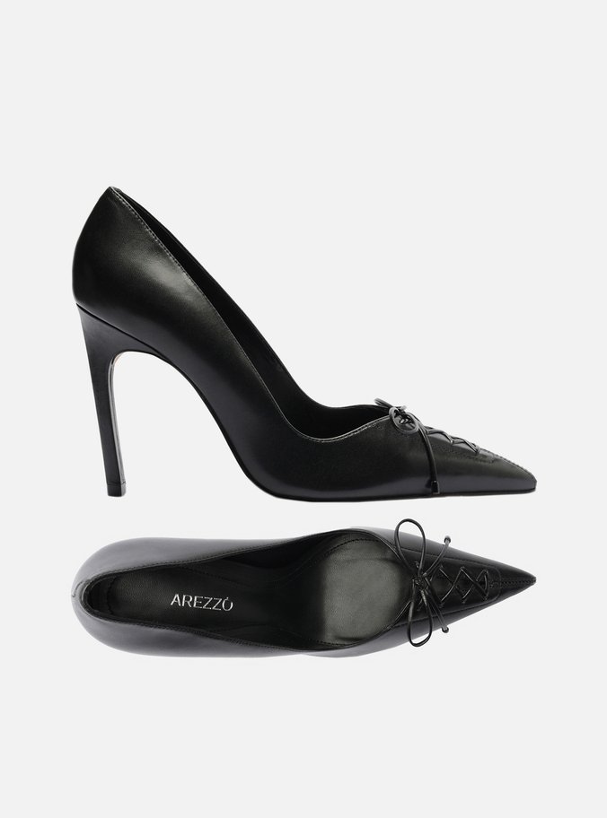 Scarpin Preto Couro Salto Alto Fino Lacing