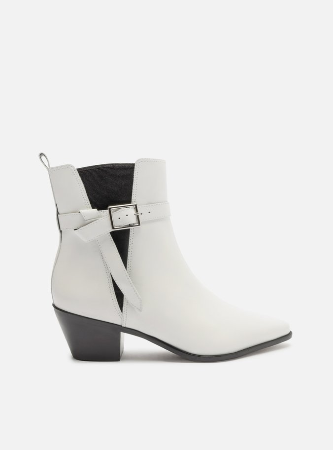 Bota Branca Couro Cano Curto Bico Fino Elástico