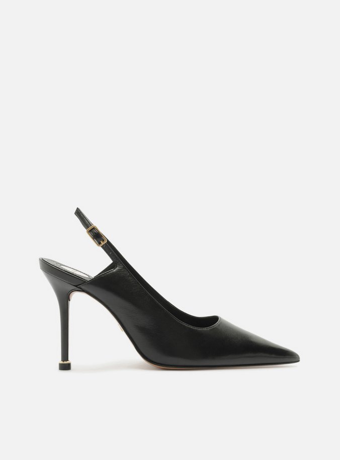 Scarpin Preto Couro Salto Fino Slingback