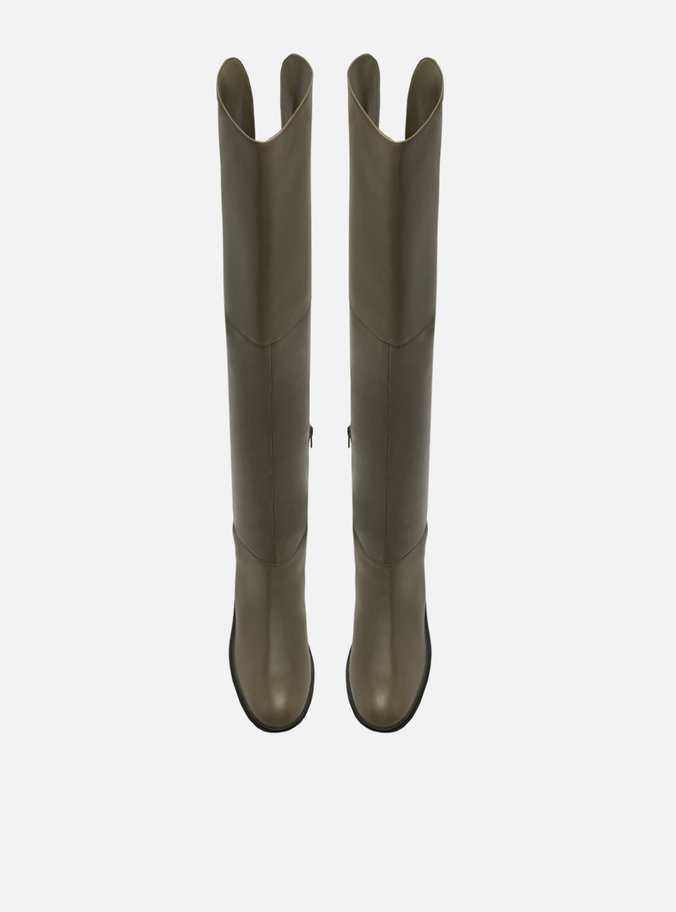 Bota Over The Knee Verde Couro Salto Bloco