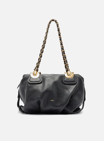 Bolsa Bowling Preta Couro Média Franzida