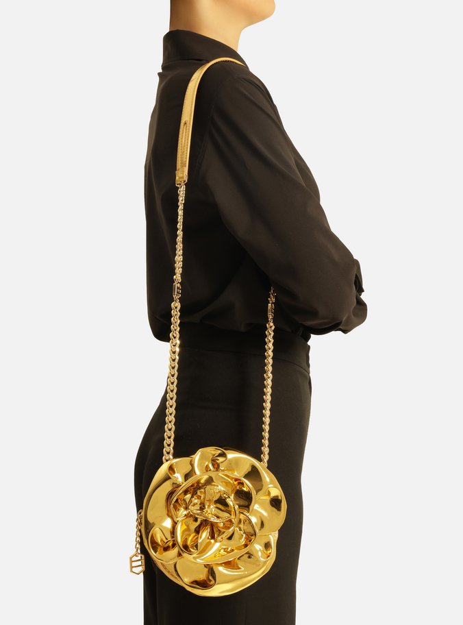 Bolsa Tiracolo Dourada Couro Pequena Flor