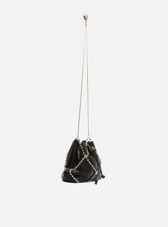 Bolsa Bucket Preta Couro Pequena Pedrarias