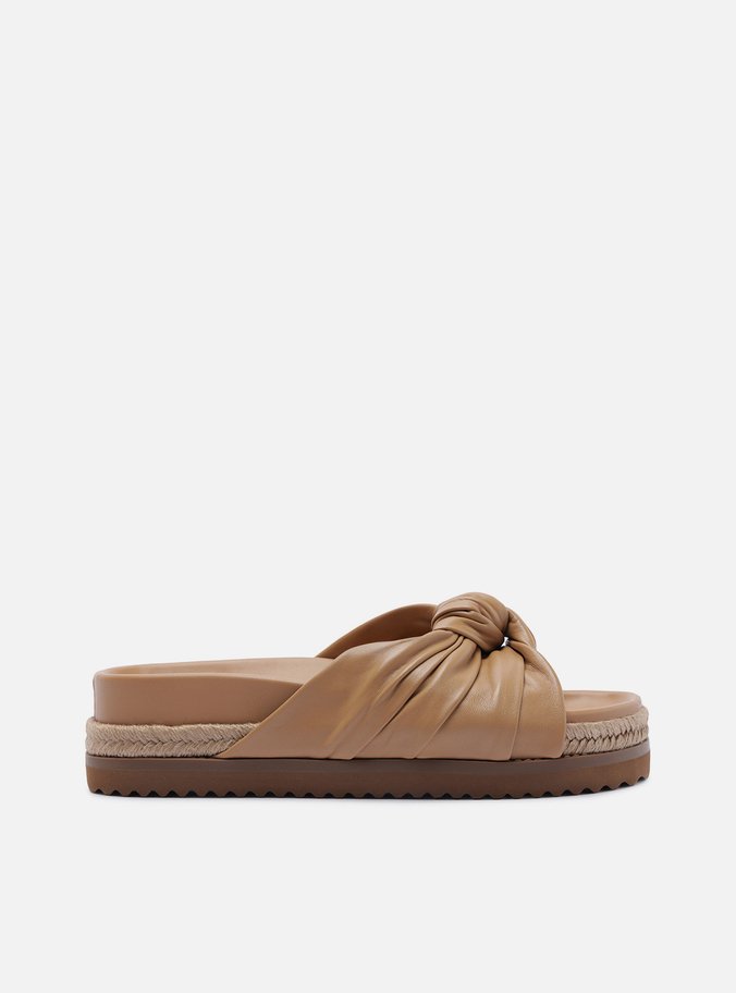 Sandália Papete Marrom Couro Flatform Palha Nó