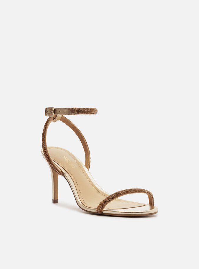 Sandália Dourada Strass Salto Fino Minimal