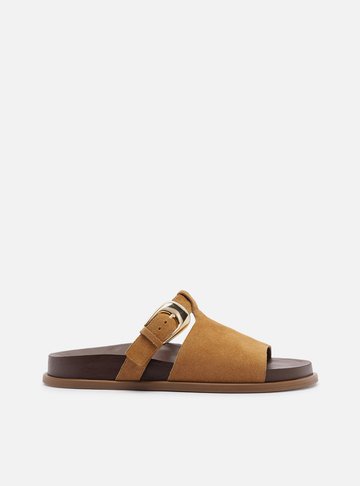 Arezzo — Sandália Papete Slide Marrom Camurça Fivela