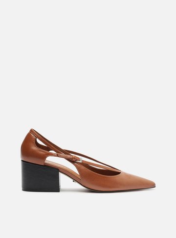 Scarpin Caramelo Couro Bloco Semi Aberto Tiras