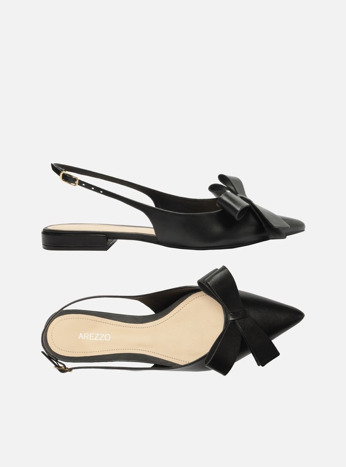 Sapatilha Preta Couro Slingback Laço Lateral