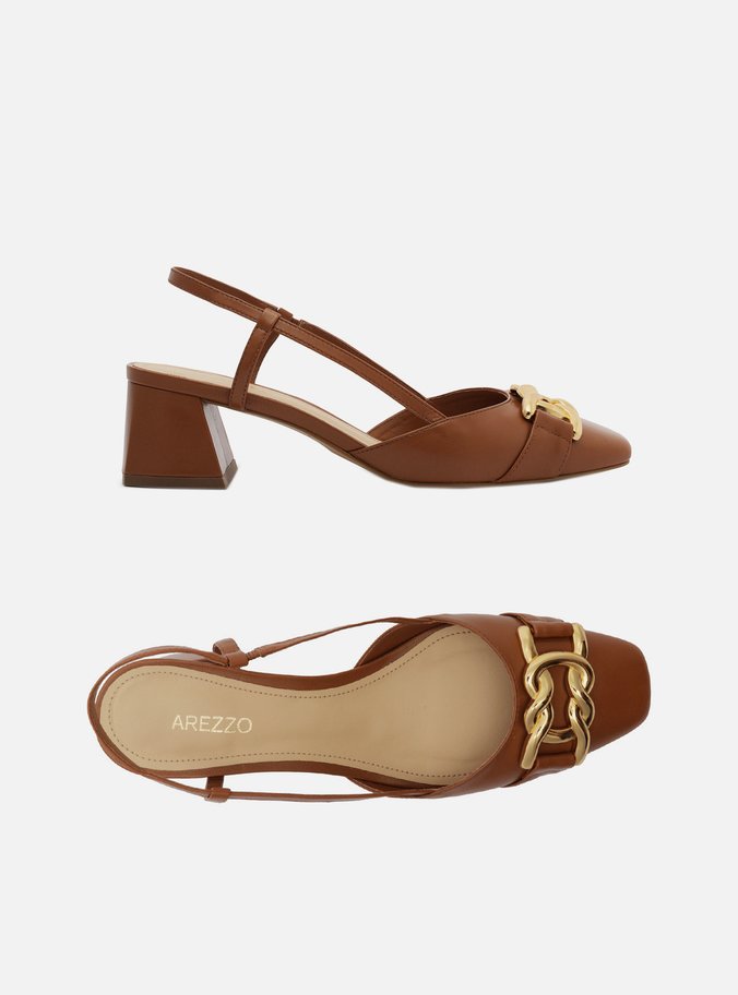 Scarpin Marrom Couro Bico Quadrado Aberto Metal