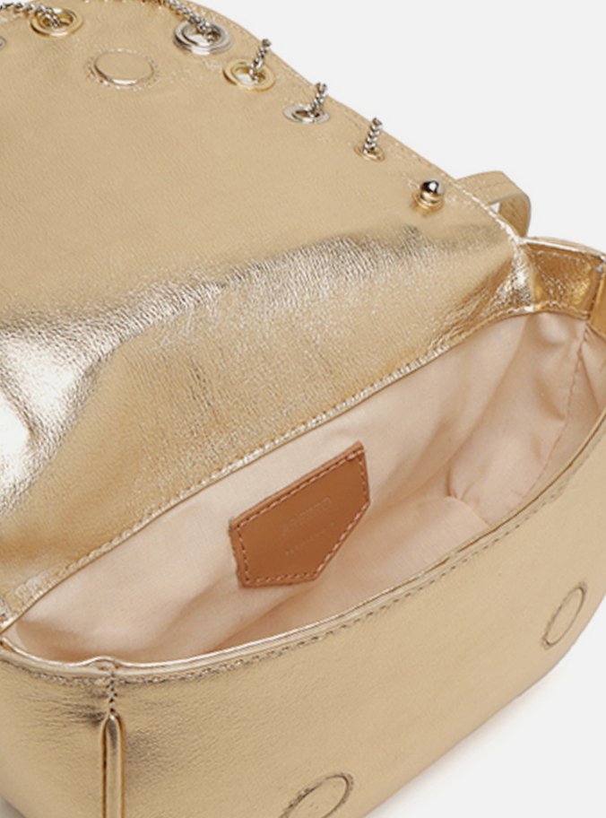 Bolsa Tiracolo Dourada Couro Pequena Costuras Metais